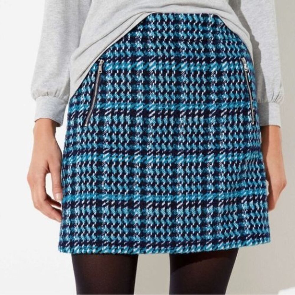 LOFT Teal Navy White Boucle A-line Mini Skirt Silver Tone Zipper Pockets - 12